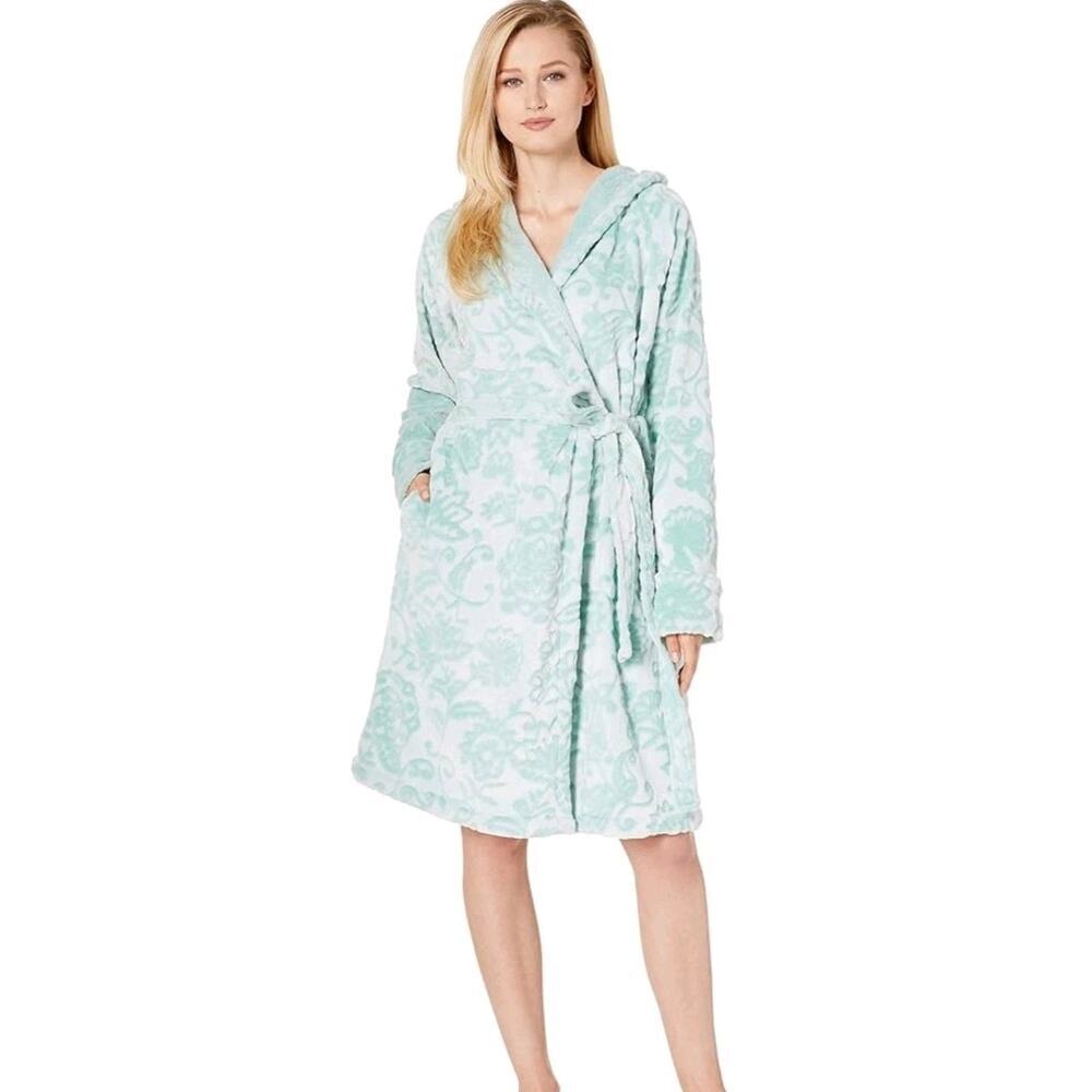 Vera Bradley Floral Embossed Plush Bath Robe S/M Belted Mint Green Soft Cozy